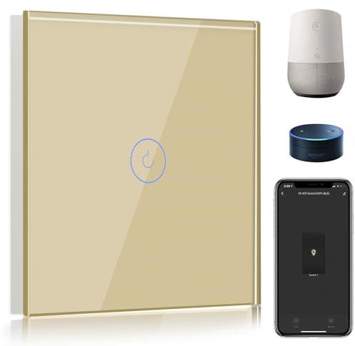 BSEED Interrupteur Connecté WiFi,1 Gang 1 Voie Interrupteur Tactile Mural en Verre WiFi, Compatible avec Alexa et Google Home, Or (Ligne Neutre Requis)