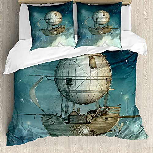 ABAKUHAUS Steampunk Bettbezug Set für Einzelbetten, futuristisch Airship, Milbensicher Allergiker geeignet mit Kissenbezug, 155 cm x 200 cm - 80 x 80 cm, Petrol Blau und Tan