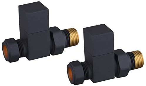 Black Straight Radiator Valves Square Modern Radiator Valves Pair of 15mm x 1/2 (Set of 2) for Heated Towel Rails & Central Heating Radiators Black Radiator Valve Set