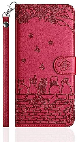 Butnyeoe Flip Case for iPhone 11,Cat/Flower/Butterfly Embossed PU Leather Wallet Phone Folio Case Magnetic Protective Cover with Stand Function and Card Slots,Mauve/Red