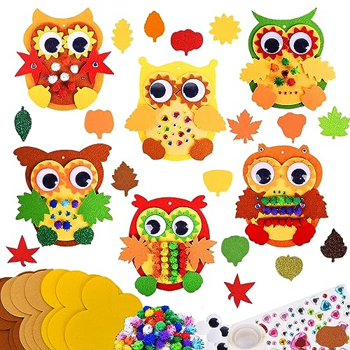 6 Stück Eule Bastelset für Kinder, Herbst Basteln für Kinder, Eule Kranz Bastelset, Filz Herbst Bastelset, Thanksgiving Kreativsets Tisch Ornamente DIY für Jungen Mädchen (Eule)