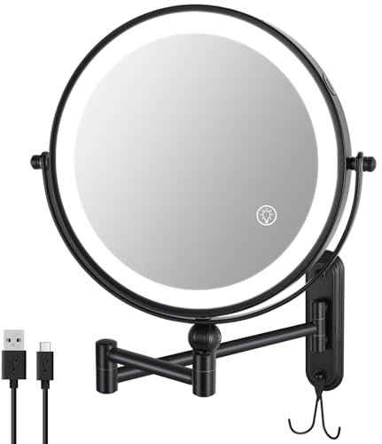 GREENFROM Höhenverstellbares Vergrößerungsspiegel mit Beleuchtung, 8 Zoll zweiseitiges 1X/10X Wandmontiertes Make-up-Spiegel mit 360° Drehbarem auswechselbarem Arm und Haken für Badezimmerspiegel
