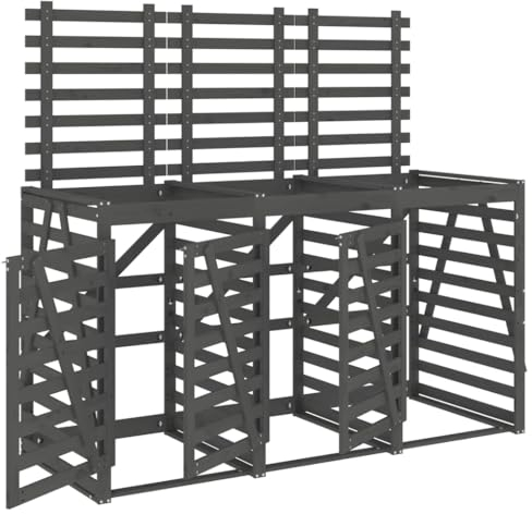 vidaXL Abri pour Poubelle Triple sur roulettes, Cache-Poubelle avec Porte et Couvercle, Hangar à Poubelles avec Rangement Jardin, Gris Bois Massif de Pin