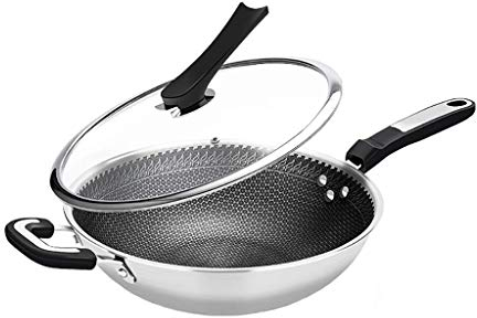 OQHAIR Wok für Induktion, Edelstahl 304, Antihaft-Pfanne, unbeschichtet, ölfreier Dampftopf, Gasherde, Induktionsherd, Wok, universell (Größe: 32 cm) (32 cm)