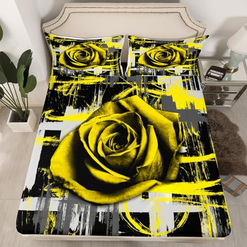 Homemissing Abstract Art Fitted Sheet for Girls Boys Kids King Size Yellow Rose Bedding Set Room Decorative Geometric Stripes Bed Sheet Set Modern Striped Bed Cover 3Pcs