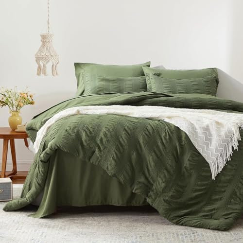 Freyamy Seersucker Housse de Couette 200x200+2 Taie d'oreiller 65x65 Gaufré Rayé Structuré Vert Olive Parure de lit 2 Personnes Adulte Sets de Housse Couette en 100% Microfibre avec Fermeture