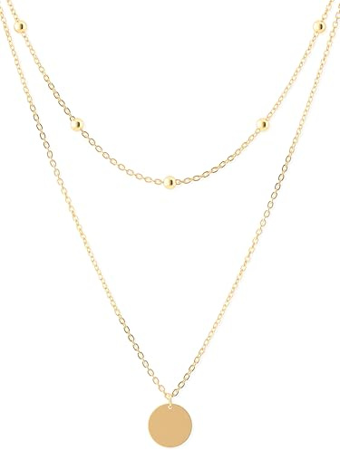 THIORA Zweireihige Layering Halskette Damen Edelstahl Coin | Plättchen-Anhänger | 37+5 cm verstellbar | wasserfest & nickelfrei | Karabiner