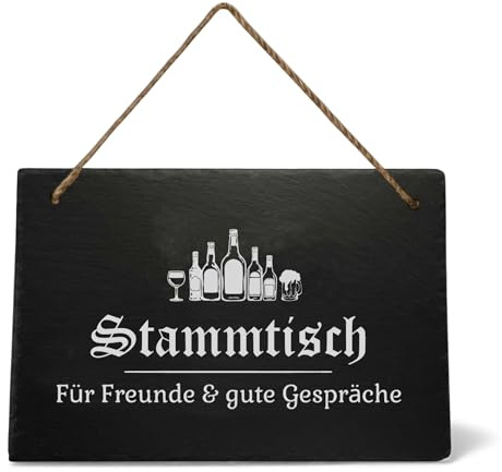 eGenuss Schiefertafel 30x20 cm – „Stammtisch – Für Freunde & gute Gespräche“ – Lasergravur Türschild aus Natur-Schiefer – Geschenkidee für Männer & Freunde