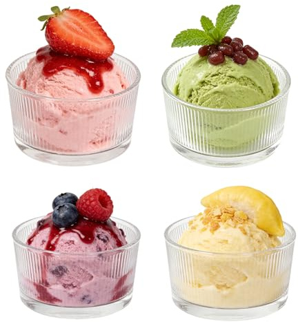 Riville Glass Dessert Bowl Set of 4, 200ml Clear Ice Cream Bowls, Sundae Glasses, Prawn Cocktail Glasses, Perfect for Dips Sauces Desserts Side Dishes Puddings Fruits and Appetizers