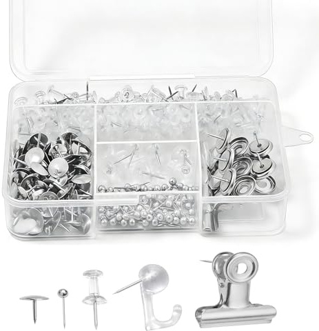 310 Stück Silber Push-Pins,Bulldog Clips with Push Pins, Daumen Tacks Haken,5-Stil für Pinnwand & Korkboard,Reißzwecken Wand-Haken-Set für Fotos, Notizen, Kunst und Dekoration