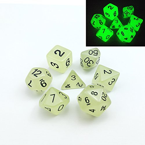 Set mit 7 polyedrischen Würfeln, leuchtet im Dunkeln, 7 Würfel im Set, Rollenspiel-Würfel, D4, D6, D8, D10, D%, D12 und D20 (Aqua)