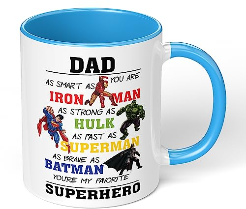 Print Maniacs Daddy Grandad Uncle Superhero Mug Cup 11oz Birthday Christmas Fathers Day Coffee Tea Gift (Blue Fill and Handle, Dad)