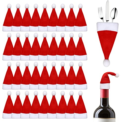Gukasxi 36 Stück Mini Weihnachtsmütze, Weihnachtsmann Mütze Besteckhalter, Mini Xmas Rot Weihnachtsmann Hüte für Besteck Flasche Lollipop Weihnachtsbaum, DIY Party Tischdekoration