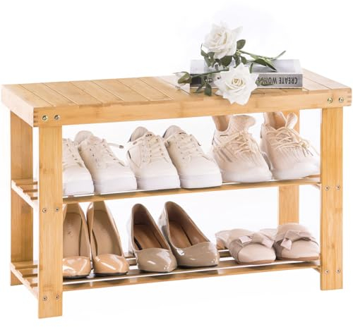 APICIZON Schuhbank, Schuhregal aus Bambus, 70 x 28 x 45 cm, Schuhschrank mit Sitzbank für Flur, Wohnzimmer, Garderobe, Bad, Diele, Natur, 3 Ablagen