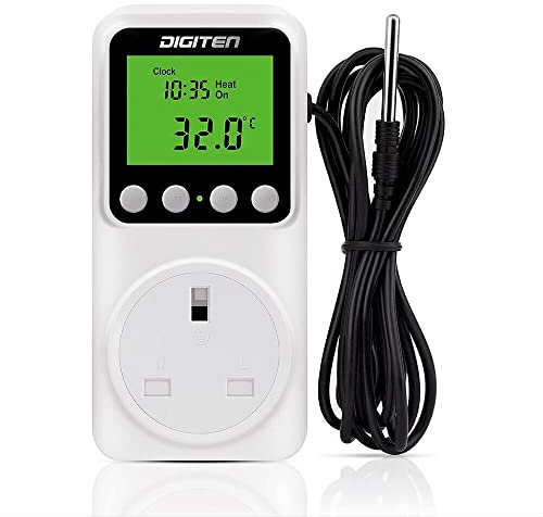 Digital Day-Night Thermostat, 15A Day-Night Temperature Controller, Support Heating/Cooling Mode, Clock Function, ℃/℉ Plug-in Outlet Timer Thermostat with LCD Screen Backlight Function 110V