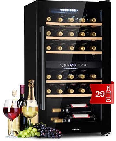 Klarstein Weinkühlschrank, Getränkekühlschrank Schmal, 2 Zonen Kühlschrank mit Glastür, Getränkekühlschränke Freistehend, Weinkühlschrank Klein, Weinkühlschränke mit UV-Schutz, 5-22 °C, 29 Flaschen