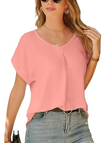Yuson Girl T-Shirt Femme Été Chic T-Shirts Blouse Chemisiers d'été en Mousseline Élégants Tops pour Femmes à Manche Courte Couleur Unie Col V Loose Shirt(Rose, L)