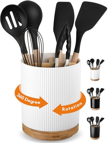 LoeJan 3 Compartment Utensil Holder, Extra Large Crock, Stable Ceramic Organizer, Cooking Tool Set for Kitchen Counter Farmhouse Decor (A-White(Vertical Stripe))