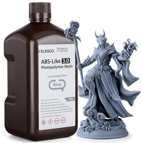 ELEGOO ABS-Like 3.0 3D Drucker Resin, 405 nm UV-härtendes Photopolymerharz für MSLA/LCD/DLP 3D Drucker, Verbesserte Festigkeit und Zähigkeit, Hohe Präzision, Niedrige Viskosität, 2000g Grau