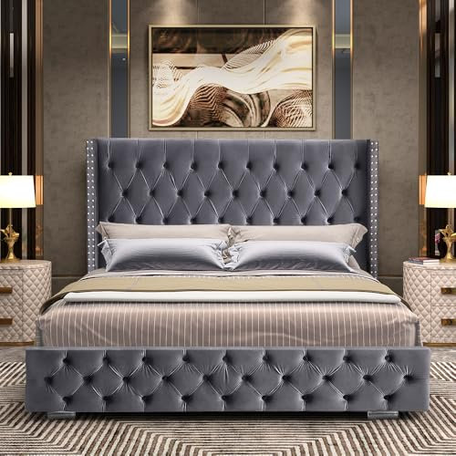 Blisswood Ottoman Bed Frame, 4ft6 Double Bed Frames, Upholstered Ottoman Bed Frame, Wooden Slats Stylish And Space Saving Bed Frame, Velvet Fabric Storage Bed (4ft6 Double Light Grey, No Mattress)