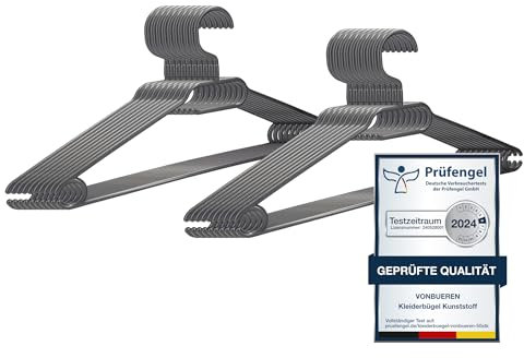 20 x Kleiderbügel grau Plastik VonBueren | mit 360° Drehhaken | platzsparend | 100% Recyclingkunststoff | hergestellt in der EU | ca. 40,5 x 21 cm