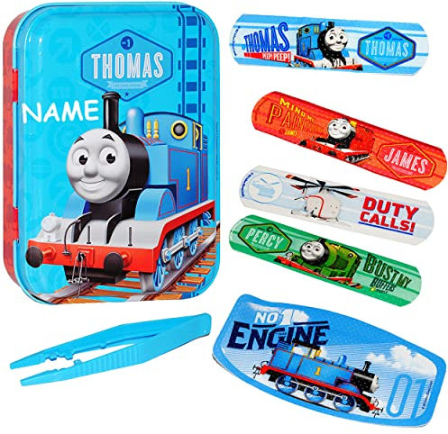 alles-meine.de GmbH 1. Hilfe Pflasterset - Thomas die kleine Lokomotive - incl. Name - 18 Stück wasserfeste Pflaster & Pinzette & Sticker - in Metall Box - Pflasterbox Dose..
