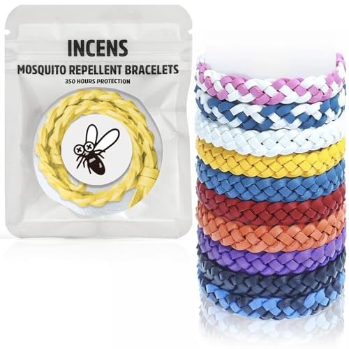 INCENS Pulsera Repelente de Mosquitos 10 Pack, Pulseras de Cuero Ajustables Sin Deet con Ingredientes Naturales para Adultos y Niños, Envuelta Individualmente, Protección Contra Insectos de 350 Horas
