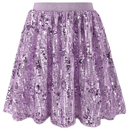 Rolanko Gonna di Paillettes per Ragazze Vita Elastica Skorts Brillantinati Plissettati con Fodera per Danza Bambini Festa di Compleanno da Principessa, Viola, Taglia: 8-9 anni/140
