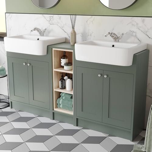 BAYSTONE® 1540mm Bathroom Double Vanity Unit Semi-Recessed Basin Sink Shelf Unit Storage Cabinet Cupboard Freestanding, Wash Basins, Matt Green