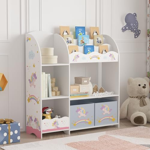 [en.casa] Kinderregal Lysekil Bücherregal für Kinder mit 2 Aufbewahrungsboxen Spielzeugregal 100 x 93 x 30 cm Spielzeug Aufbewahrung Einhorn Motiv
