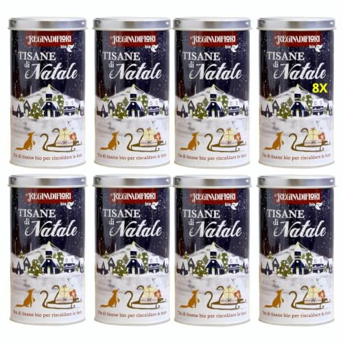 Regina di Fiori - Tisane del Natale. 8 Lattine Decorate con 12 Filtri Assortiti da 3g. Biologico