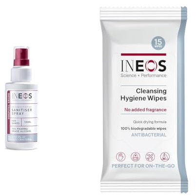 INEOS - Sanitiser Spray (100 ml) - Antibacterial Hand Sanitiser - 75% Pharma Grade Alcohol Based - Hospital Formula + Cleansing Hygiene Wipes x15, Packaging May Vary