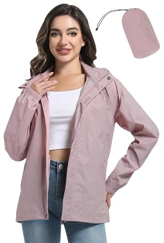 ATLASLAVA Regenjacke Damen Dünne Faltbar Fahrradjacke Wasserdicht Leicht Outdoorjacke mit Kapuze Fahrrad Wandern Getrocknete Rose M