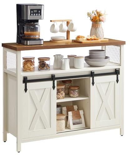 VASAGLE Sideboard, Küchenschrank, Aufbewahrungsschrank, mit 2 Schiebetüren, 33 x 100 x 80 cm, verstellbare Ablagen, für Wohnzimmer, wolkenweiß-honigbraun LSC092W01