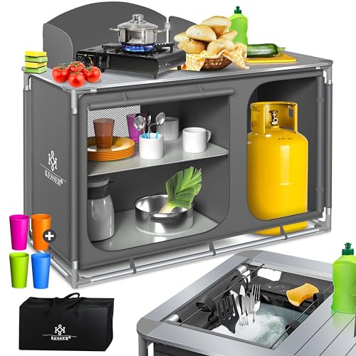 KESSER® Campingküche | Inkl. Tragetasche & Becherset | Campingschrank Faltschrank | mit Aluminiumgestell | Reiseküche | Küchenbox | Zeltschrank | Outdoor Camping Küche | Grau | Typ F4