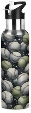 Mexpekil Ball Baseball Isolierte Wasserflasche mit Strohhalm-Deckel, 600 ml, Edelstahl, Thermosflasche, Vakuumflasche, auslaufsicher, Reisen, Sport, Wasserflaschen für Laufen, Radfahren, Wandern
