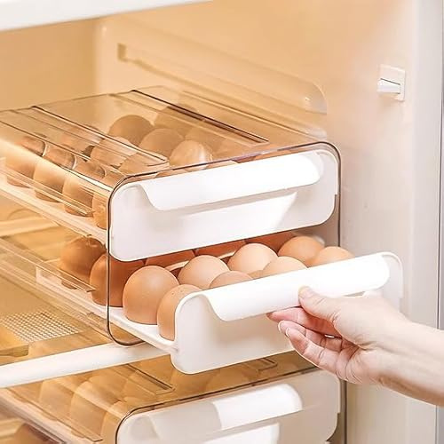 Egg Storage Drawer Box 32 Grid Eggs Holder Storage for Fridge, Double Layer Plastic Egg Basket Organiser, Clear Plastic Eggs Holder Container with Smooth Pull Drawer Stackable Kitchen Boxes