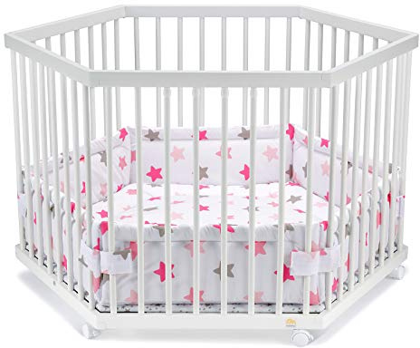 FabiMax Baby Laufgitter 6-eck Weiß lackiert, stufenlos höhenverstellbar, mit Schlupfsprossen, Laufstall aus massivem Buchenholz (Rosa Sterne)