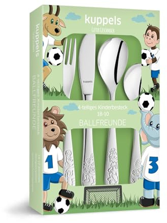 Kinderbesteck Set 4-teilig mit Motiv - personalisiertes Kinderbesteck – Namensgravur auf Messer, Gabel, Löffel & Kaffeelöffel – individuelles Geschenk zur Geburt, Taufe, Geburtstag (FUßBALLFREUNDE)