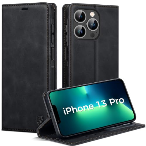 AIMOYU Handyhülle für iPhone 13 Pro Hülle, Premium PU Leder Klapphülle Schutzhülle für iPhone 13 Pro, Tasche Magnet Kartenfach Standfunktion Flip Case Hülle für iPhone 13 Pro, Schwarz