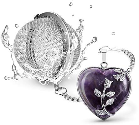 TeaSanavie Tea Infuser Tea Strainers for Loose Tea Amethyst Crystal Heart Pendant Tea Filter Infinity Love Heart Handmade Gemstone Tea Ball with Extended Chain Hook for Brew Fine Loose Tea Gift