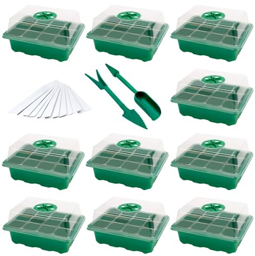 Mengxin 10 Pièces Mini Serre pour Plantes, 12 Cellules Plaque Alvéolée Semis Plateau avec Couvercles,Dôme De Ventilation et Socle, Godet Semis pour Serre Hydroponie (12-Cells 10-Pack)
