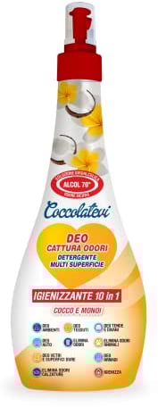 COCCOLATEVI Deo 10 in 1 Cocco e Monoi 300 ml Cattura Odori, Detergente Igienizzante Multi Superficie con Alcol 50°, Igienizza, Pulisce, Deodora e Profuma