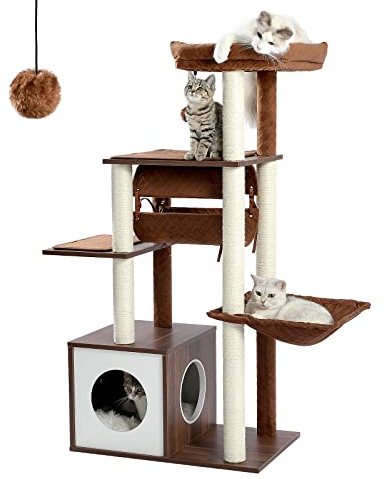 PAWZ Road Arbre à Chat en Bois Design Plateforme Arbre a Chat Moderne avec Tunnel Suspendu 130cm (Marron)