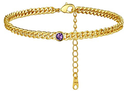 FindChic Fußkette Damen aus Kupfer goldenes Fußbänder Modes Fußschmuck Wasserfest Geburststein Februar Amethyst Stein als Geschenk zum Geburtstag, Weihnachten, Valentinstag
