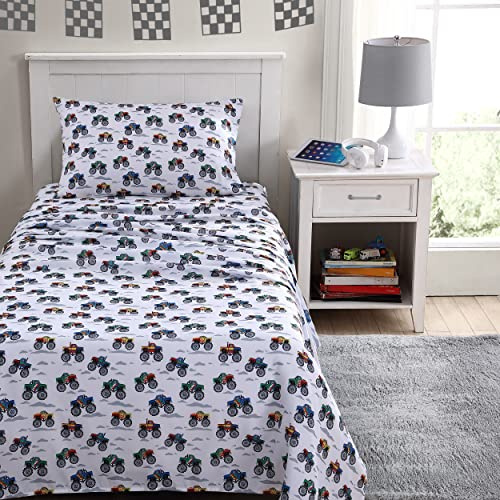 Poppy & Fritz - Twin Bed Sheets, Stain-Resistant Toddler Bedding with Matching Pillowcase, Lightweight Kid Bed Set, Oeko-Tex Certified (Trucks Grey)