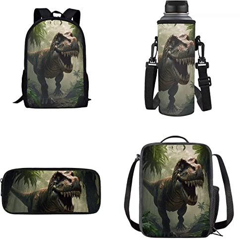 Belidome Juego de mochila escolar, estuche para lápices, bolsa de almuerzo, soporte para botellas para niños, paquete de 4, T-rex Dino, Taille unique