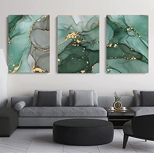 HEHGVCF 3er Abstrakt Poster Set Marmor Bilder Grün Abstrakte Wohnzimmer Moderne Marmor Leinwand, Mode Vintage Grünes Gold Bild Marmor Luxus Leinwand Bilder Home Deko Rahmenlos (Grünes Gold,60 x 90cm)