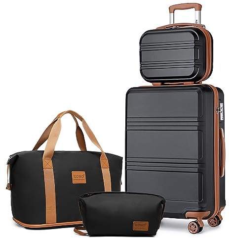 KONO Reisekoffer Set Gepäcksets 4 Teilig Kofferset, 55cm Handgepäck mit Beautycase Kosmetikkoffe mit handgepäck Reisetasche mit Kulturbeutel (Schwarz/Braun)