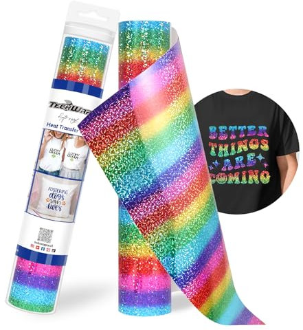 TECKWRAP PU Metallic Heat Transfer Vinyl Roll 12 x 5ft Holographic Sparkle Rainbow Chrome HTV for DIY Clothing,T-Shirts,Fabric Foil Iron on Vinyl Compatible with Heat Press Craft Cutters